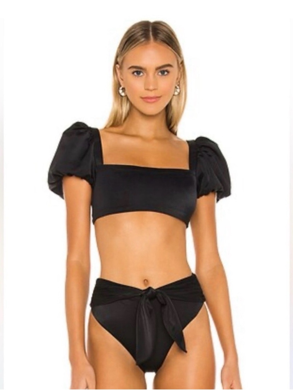 Agua Bendita Black Puff-Sleeve Bikini Top